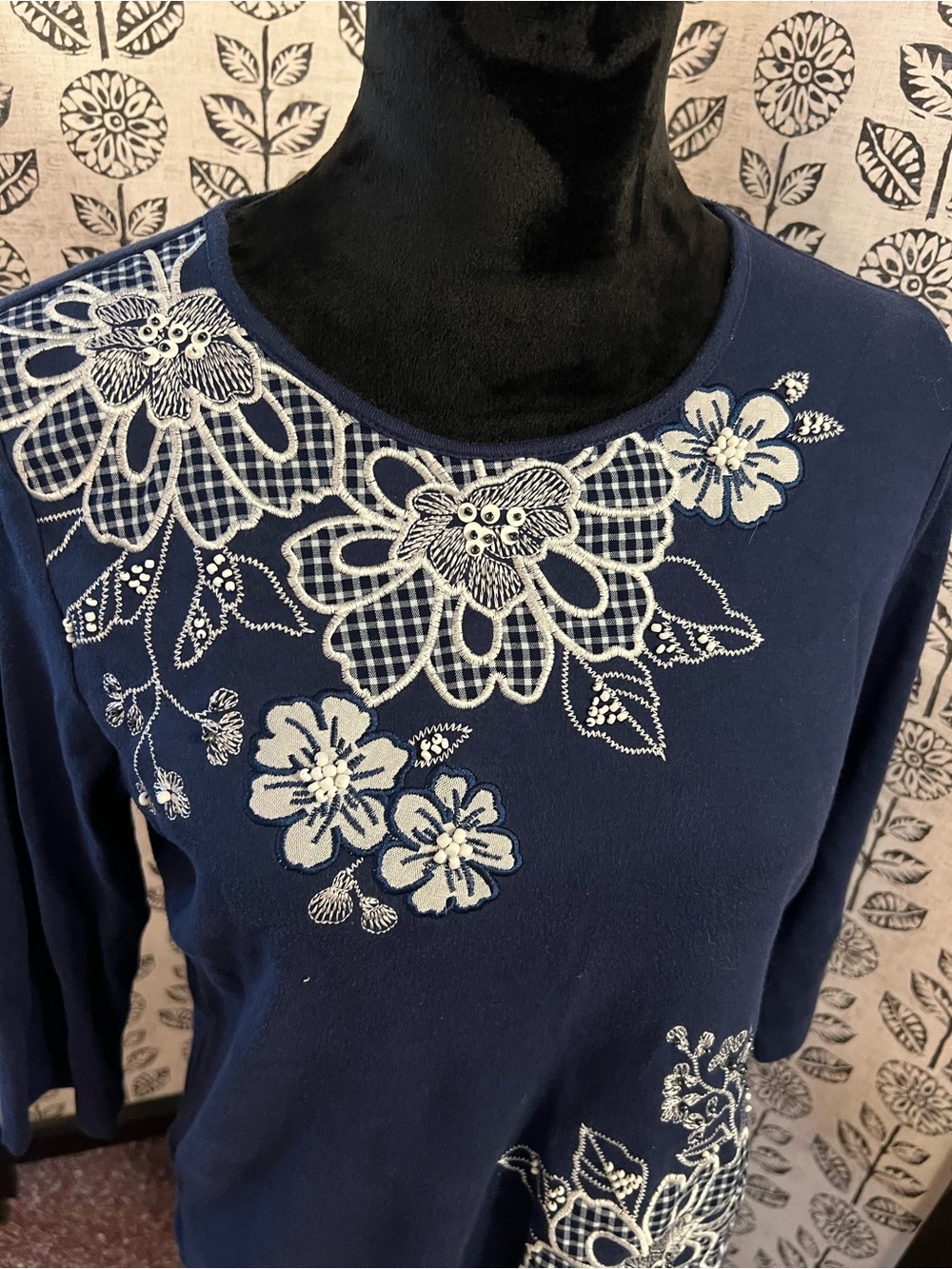 Alfred Dunner Navy Floral Embroidered 3/4 Sleeve Top